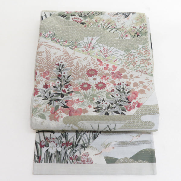 袋帯 花に鳥模様 正絹 洒落袋帯 紹巴織り ベージュ色ｘピンク色 六通柄 仕立て上がり 長さ456cm 【キモノオフ野々市若松店】 袋帯 花に鳥模様 正絹 洒落袋帯 紹巴織り ベージュ色xピンク色 六通柄