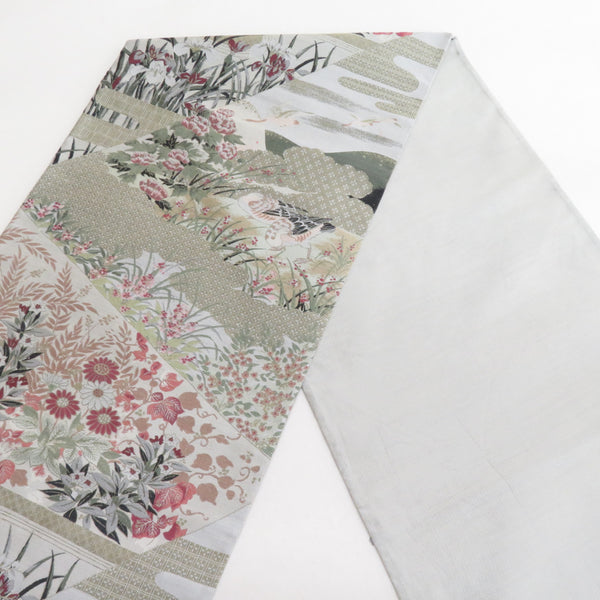 袋帯 花に鳥模様 正絹 洒落袋帯 紹巴織り ベージュ色xピンク色 六通柄