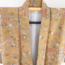 Load image into Gallery viewer, Komon Japanese tool and flower butterfly pattern lined brown collar brown pure silk tailed casual kimono 155cm
