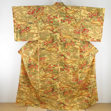 Load image into Gallery viewer, Komon Heian landscape to branch flower pattern lined brown collar yellow pure silk -tailored casual kimono 160cm