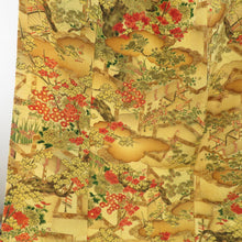 Load image into Gallery viewer, Komon Heian landscape to branch flower pattern lined brown collar yellow pure silk -tailored casual kimono 160cm