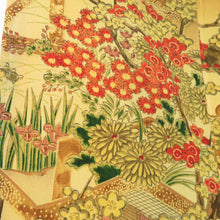 Load image into Gallery viewer, Komon Heian landscape to branch flower pattern lined brown collar yellow pure silk -tailored casual kimono 160cm
