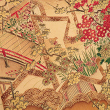 Load image into Gallery viewer, Komon Heian landscape to branch flower pattern lined brown collar yellow pure silk -tailored casual kimono 160cm