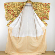 Load image into Gallery viewer, Komon Heian landscape to branch flower pattern lined brown collar yellow pure silk -tailored casual kimono 160cm
