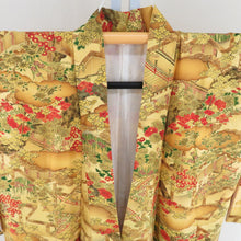 Load image into Gallery viewer, Komon Heian landscape to branch flower pattern lined brown collar yellow pure silk -tailored casual kimono 160cm