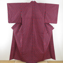 画像をギャラリービューアに読み込む, ウール着物 単衣 矢羽根文様 染め柄 赤色 青色 バチ衿 カジュアルきもの 普段着物 仕立て上がり 身丈154cm