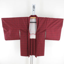 画像をギャラリービューアに読み込む, 紬 着物 紬 アンサンブル 羽織付 格子文様 袷 広衿 赤色 正絹 カジュアル 仕立て上がり 身丈158cm