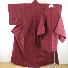 画像をギャラリービューアに読み込む, 紬 着物 紬 アンサンブル 羽織付 格子文様 袷 広衿 赤色 正絹 カジュアル 仕立て上がり 身丈158cm