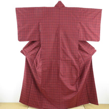 画像をギャラリービューアに読み込む, 紬 着物 紬 アンサンブル 羽織付 格子文様 袷 広衿 赤色 正絹 カジュアル 仕立て上がり 身丈158cm