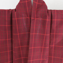 画像をギャラリービューアに読み込む, 紬 着物 紬 アンサンブル 羽織付 格子文様 袷 広衿 赤色 正絹 カジュアル 仕立て上がり 身丈158cm