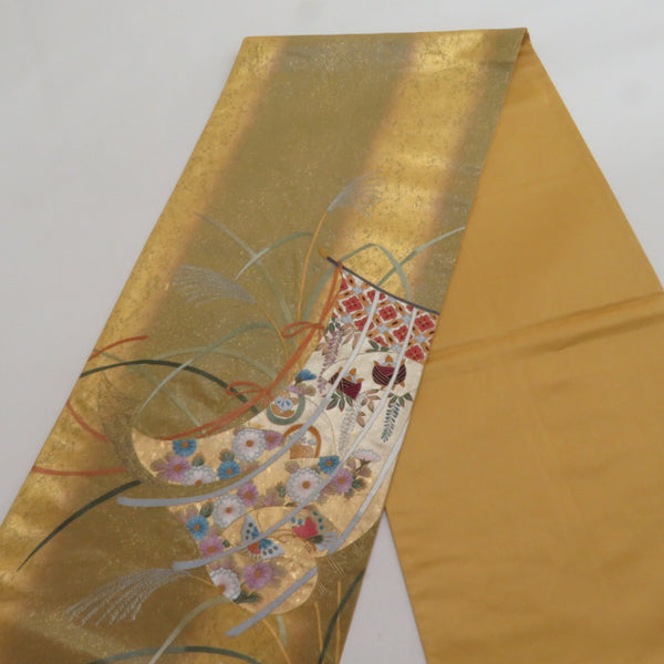 袋帯 正絹 お太鼓柄 蘇州刺繍 金糸銀糸 ゴールドx多色 几帳文様 礼装