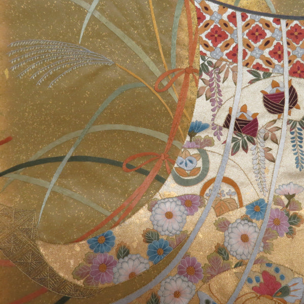 袋帯 正絹 お太鼓柄 蘇州刺繍 金糸銀糸 ゴールドx多色 几帳文様 礼装