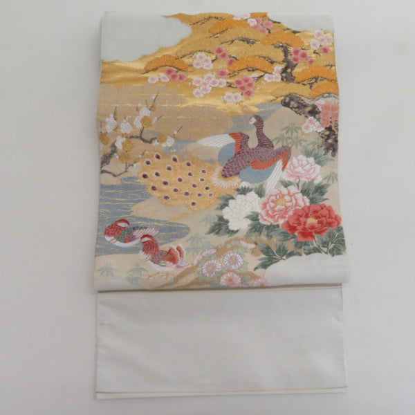 袋帯 正絹 お太鼓柄 オシドリ柄 刺繍入り 銀糸金糸 ゴールドｘシルバーｘ多色 礼装 フォーマル 仕立て上がり 長さ440cm 【キモノオフ野々市若松店】 袋帯 正絹 お太鼓柄 オシドリ柄 刺繍入り 銀糸金糸 ゴールドxシルバー