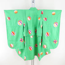 Load image into Gallery viewer, 子供着物 女の子用 四つ身 襦袢セット 箔 毬文様 緑色 正絹 袷 フォーマル 子供きもの 女児 七五三 祝着 身丈97cm