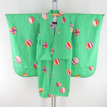 Load image into Gallery viewer, 子供着物 女の子用 四つ身 襦袢セット 箔 毬文様 緑色 正絹 袷 フォーマル 子供きもの 女児 七五三 祝着 身丈97cm