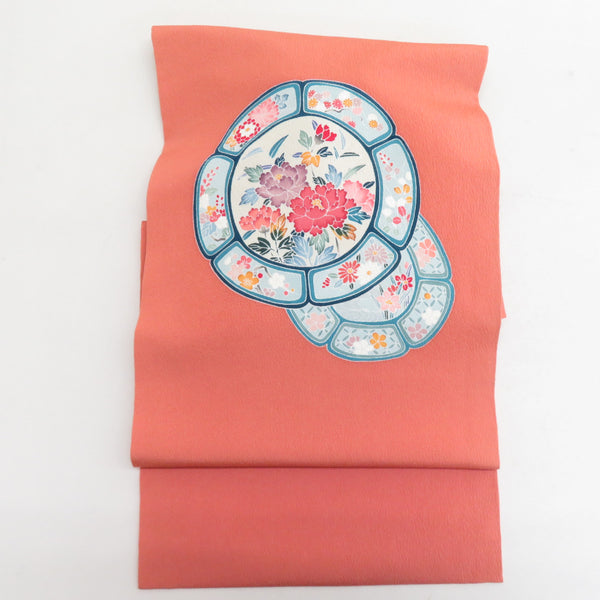 名古屋帯 友禅 友禅染帯 正絹 久谷更文様 お太鼓柄 コラールオレンジx