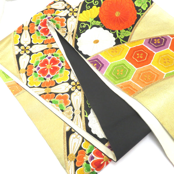 袋帯 金色 黒×多色 華文 亀甲 六通柄 正絹 フォーマル 仕立て上がり 帯