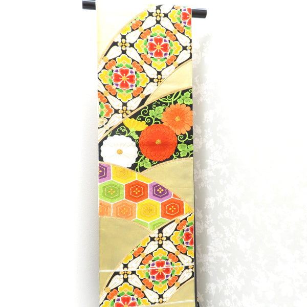 袋帯 金色 黒×多色 華文 亀甲 六通柄 正絹 フォーマル 仕立て上がり 帯