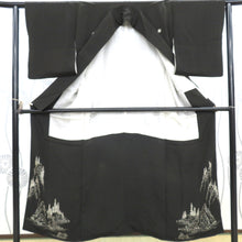 Load image into Gallery viewer, Antique Black Yudezo Sneak Pure Silk Both Completed Scenery Wide Retro Retro Roman Roman Kimonake Remake Kimono One Piece 150.5cm