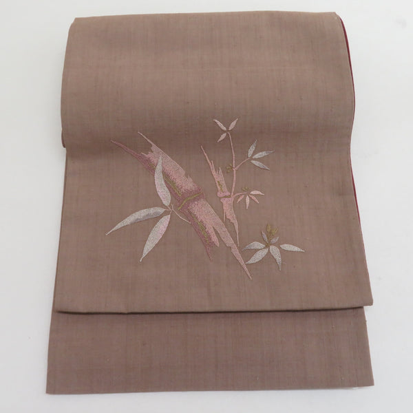 袋帯 洒落袋帯 さがら刺繍 竹文様 お太鼓柄 茶色 紬地 正絹 【中古 