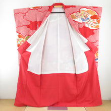 画像をギャラリービューアに読み込む, 振袖 正絹 赤色x白色x多色 刺繍入り 金銀コマ 絞り 扇面に花紋様 袷 広衿 成人式 卒業式 舞台衣装 フォーマル 仕立上り 着物 身丈163cm