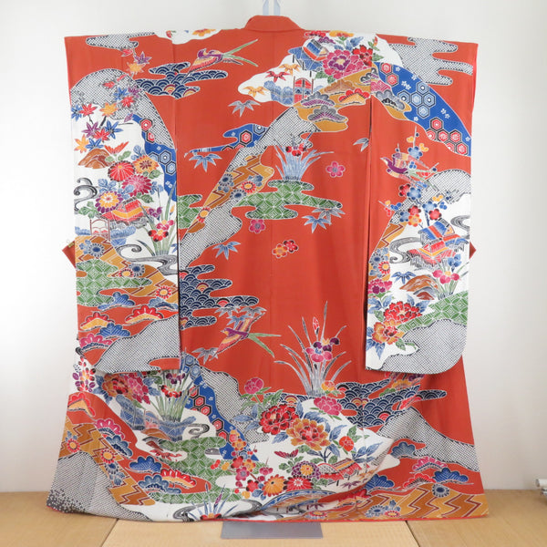 振袖 正絹 薄茶色ｘ多色 型染め 風景に花鳥紋様 袷 広衿 成人式 卒業式 舞台衣装 フォーマル 仕立上り 着物 身丈164cm 【キモノオフ野々市若松店】 振袖 正絹 薄茶色x多色 型染め 風景に花鳥紋様 袷 広衿 成人式 卒業式