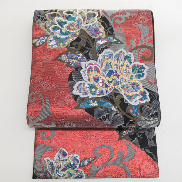 袋帯 振袖用 正絹 バルセロナの華 草花模様 赤ｘ黒ｘ多色 金糸銀糸 六通柄 フォーマル 仕立て上がり 着物帯 長さ55cm 【キモノオフ野々市若松店】 袋帯 振袖用 正絹 バルセロナの華 草花模様 赤x黒x多色 金糸銀糸 六