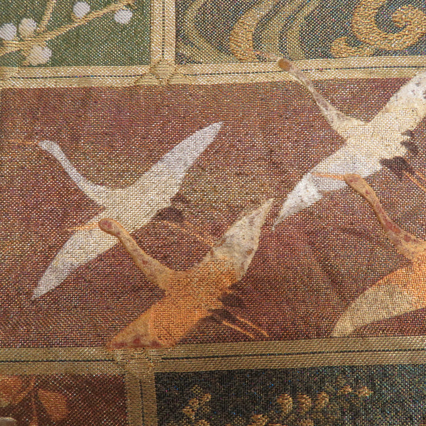 袋帯 季節の花々紋様 箔入り ゴールドxオリーブグリーンx茶色 金糸