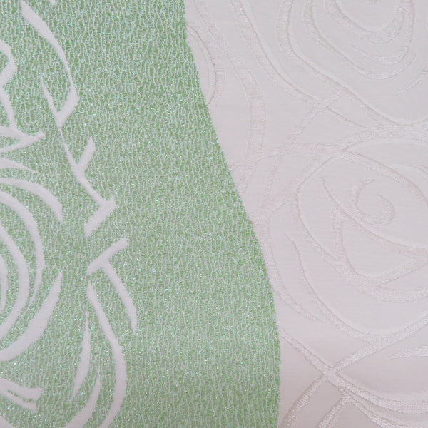 袋帯 振袖用 正絹 波に薔薇紋様 ホワイトxグリーン 銀糸 ラメ糸 六通