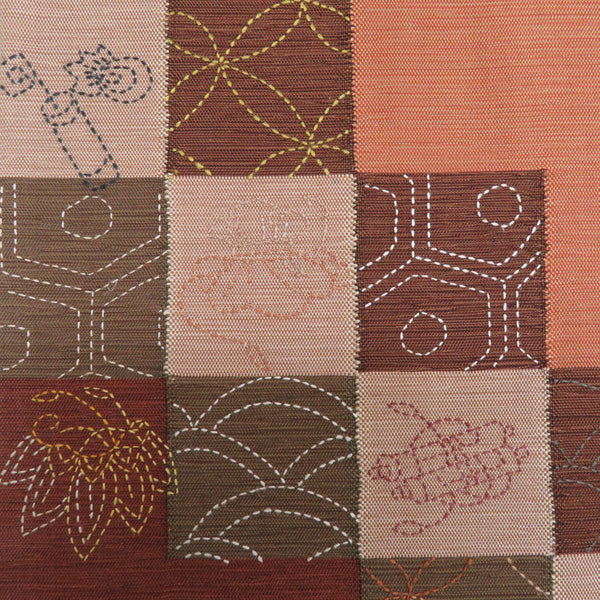 袋帯 洒落袋帯 紬 刺し子 市松紋様 茶色xオレンジ色 カジュアル