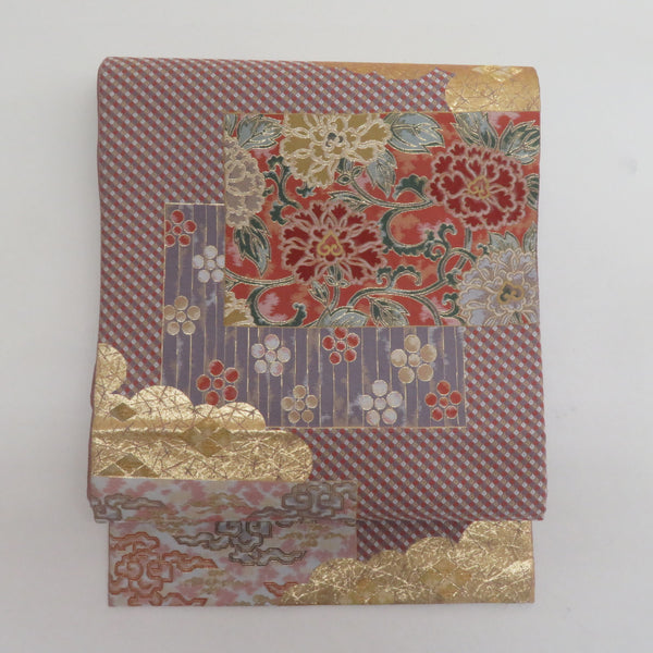 とん R7SK504 袋帯 古代文様 ゴールド ピンク 花鳥 唐草 六通柄 袋帯 雲取り紋様 色紙デザイン 金糸 ゴールドxピンク色x