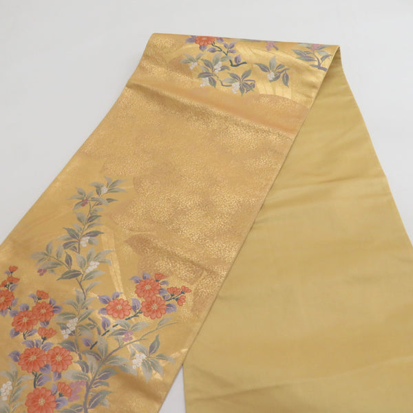 金色 花柄 袋帯　未使用 袋帯 美品 優品 花鳥 扇 金糸 箔 金色 六通 正絹 【中古】 袋帯 六通