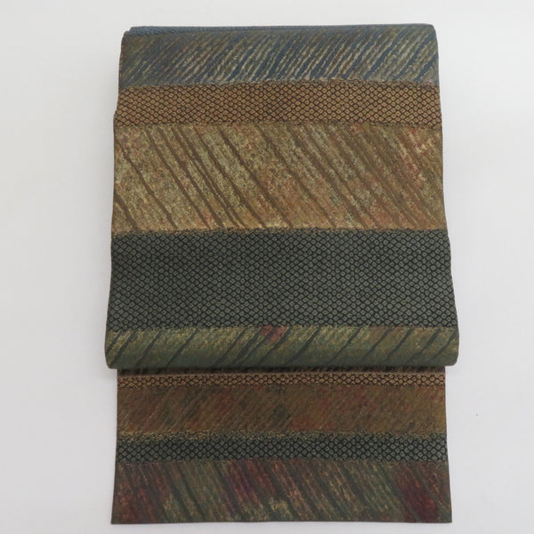 袋帯 洒落袋帯 両面全通柄 リバーシブル 鹿の子に縞模様 枝模様 金糸 ゴールドｘ緑色ｘ茶色 正絹 仕立て上がり 着物帯 長さ456cm 【キモノオフ野々市若松店】 袋帯 洒落袋帯 両面全通柄 リバーシブル 鹿の子に縞模様 枝模様 金糸