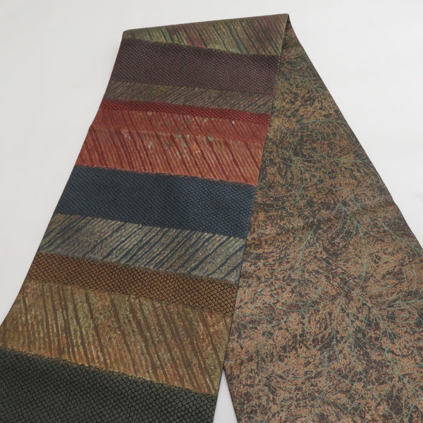 袋帯 洒落袋帯 両面全通柄 リバーシブル 鹿の子に縞模様 枝模様 金糸