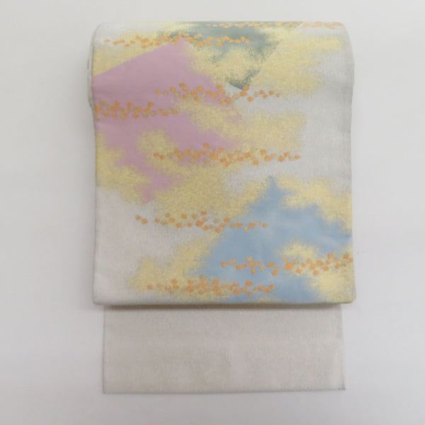 袋帯 正絹 綴れ織り 金糸銀糸 金色x薄紫色xサーモンピンク色