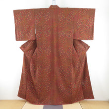 Load image into Gallery viewer, Komon geometric pattern on flower brown orange x green lined collar pure silk casual kimono 153cm