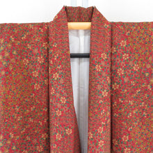 Load image into Gallery viewer, Komon geometric pattern on flower brown orange x green lined collar pure silk casual kimono 153cm