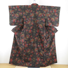 画像をギャラリービューアに読み込む, 紬 着物 草花模様 正絹 茶色x朱色 袷 広衿 カジュアル 仕立て上がり着物 身丈158cm