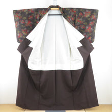 画像をギャラリービューアに読み込む, 紬 着物 草花模様 正絹 茶色x朱色 袷 広衿 カジュアル 仕立て上がり着物 身丈158cm