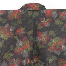 画像をギャラリービューアに読み込む, 紬 着物 草花模様 正絹 茶色x朱色 袷 広衿 カジュアル 仕立て上がり着物 身丈158cm
