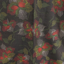 画像をギャラリービューアに読み込む, 紬 着物 草花模様 正絹 茶色x朱色 袷 広衿 カジュアル 仕立て上がり着物 身丈158cm