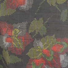 画像をギャラリービューアに読み込む, 紬 着物 草花模様 正絹 茶色x朱色 袷 広衿 カジュアル 仕立て上がり着物 身丈158cm