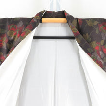 画像をギャラリービューアに読み込む, 紬 着物 草花模様 正絹 茶色x朱色 袷 広衿 カジュアル 仕立て上がり着物 身丈158cm