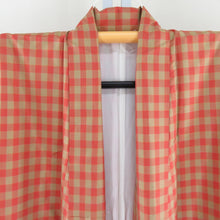 画像をギャラリービューアに読み込む, 紬 着物 市松模様 正絹 薄茶色xオレンジ色 袷 広衿 カジュアル 仕立て上がり着物 身丈156cm