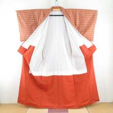 画像をギャラリービューアに読み込む, 紬 着物 市松模様 正絹 薄茶色xオレンジ色 袷 広衿 カジュアル 仕立て上がり着物 身丈156cm
