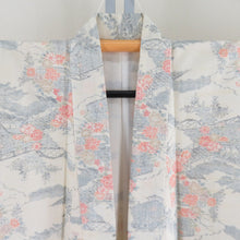 画像をギャラリービューアに読み込む, 紬 着物 紬 風景模様 クリーム色x灰色xオレンジ色 正絹 袷 バチ衿 カジュアル 仕立て上がり着物 身丈163cm