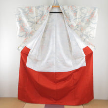 画像をギャラリービューアに読み込む, 紬 着物 紬 風景模様 クリーム色x灰色xオレンジ色 正絹 袷 バチ衿 カジュアル 仕立て上がり着物 身丈163cm