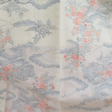 画像をギャラリービューアに読み込む, 紬 着物 紬 風景模様 クリーム色x灰色xオレンジ色 正絹 袷 バチ衿 カジュアル 仕立て上がり着物 身丈163cm