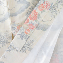 画像をギャラリービューアに読み込む, 紬 着物 紬 風景模様 クリーム色x灰色xオレンジ色 正絹 袷 バチ衿 カジュアル 仕立て上がり着物 身丈163cm