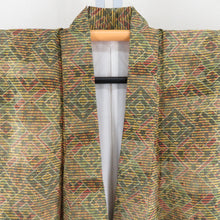 Load image into Gallery viewer, Komon geometric pattern dyed pongee lined brown collar yellow -green pure silk tailor Casual kimono 157cm